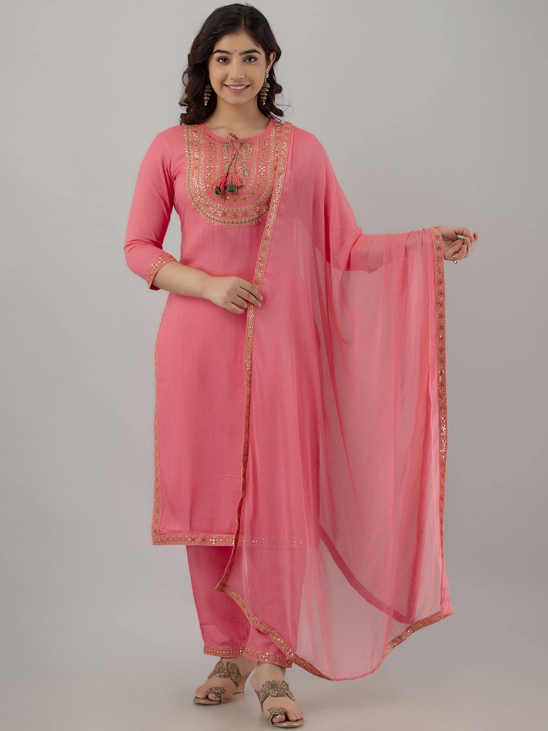 

KALINI Floral Embroidered Tie-Up Neck Regular Sequinned Kurta With Trousers & Dupatta, Pink