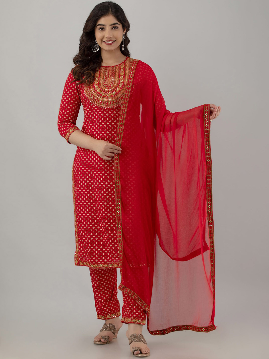 

KALINI Ethnic Motifs Printed Regular Thread Work Kurta With Trousers & Dupatta, Red