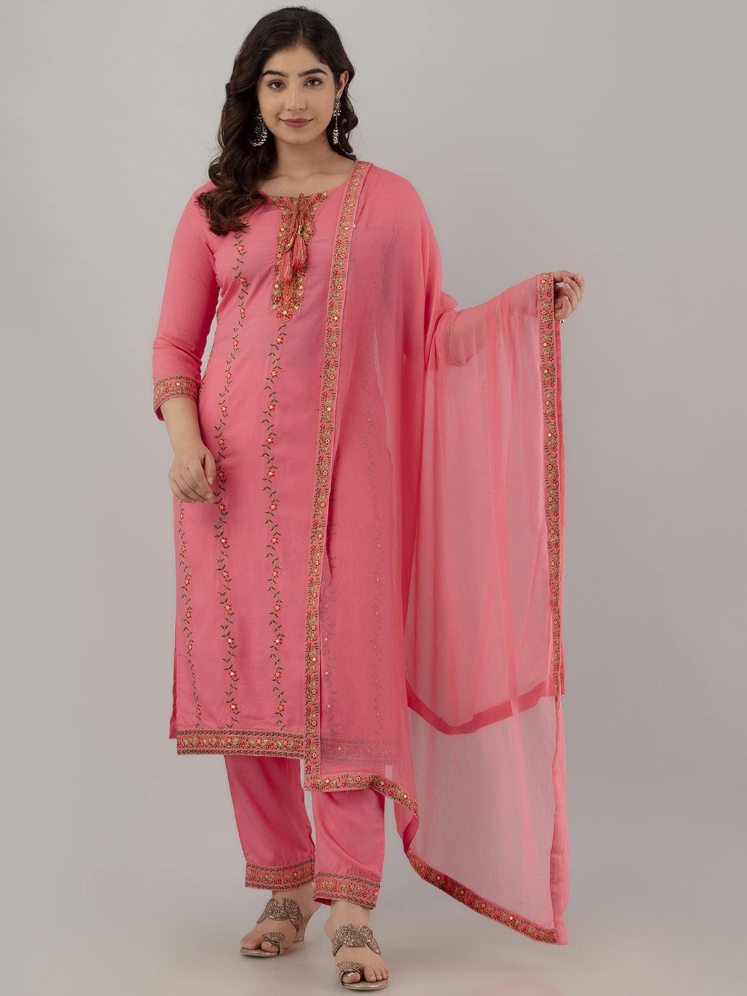 

KALINI Ethnic Motifs Embroidered Thread Work Detail Straight Kurta & Trouser With Dupatta, Pink