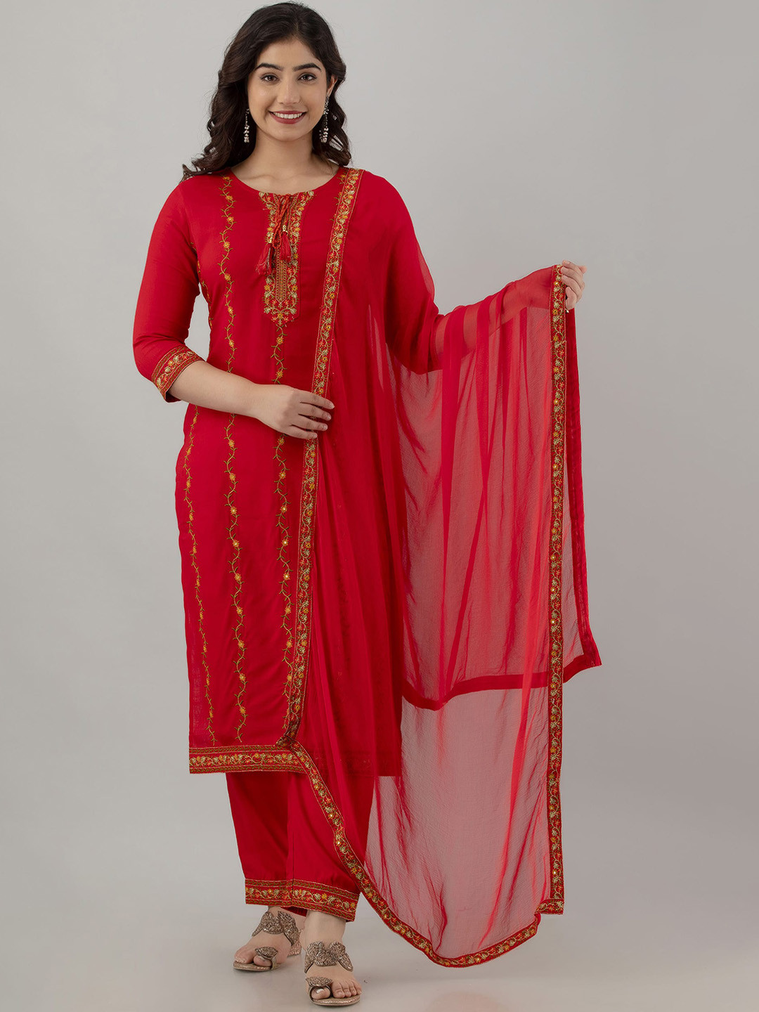 

KALINI Ethnic Motifs Embroidered Thread Work Detail Straight Kurta & Trouser With Dupatta, Red