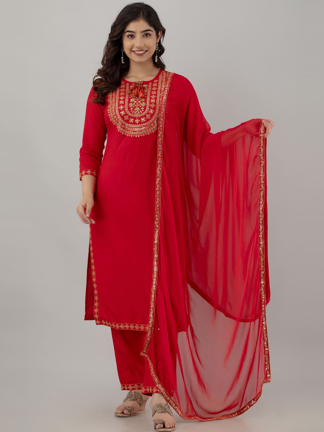 

KALINI Ethnic Motifs Yoke Design Thread Work Detail Straight Kurta & Trouser With Dupatta, Red