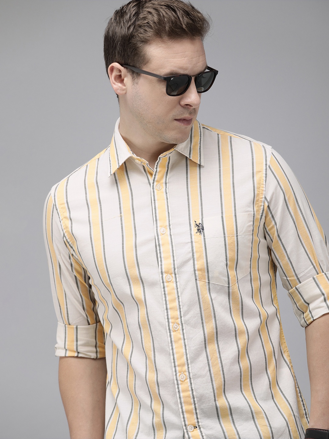 

U.S. Polo Assn. Pure Cotton Tailored Fit Opaque Striped Casual Shirt, Yellow