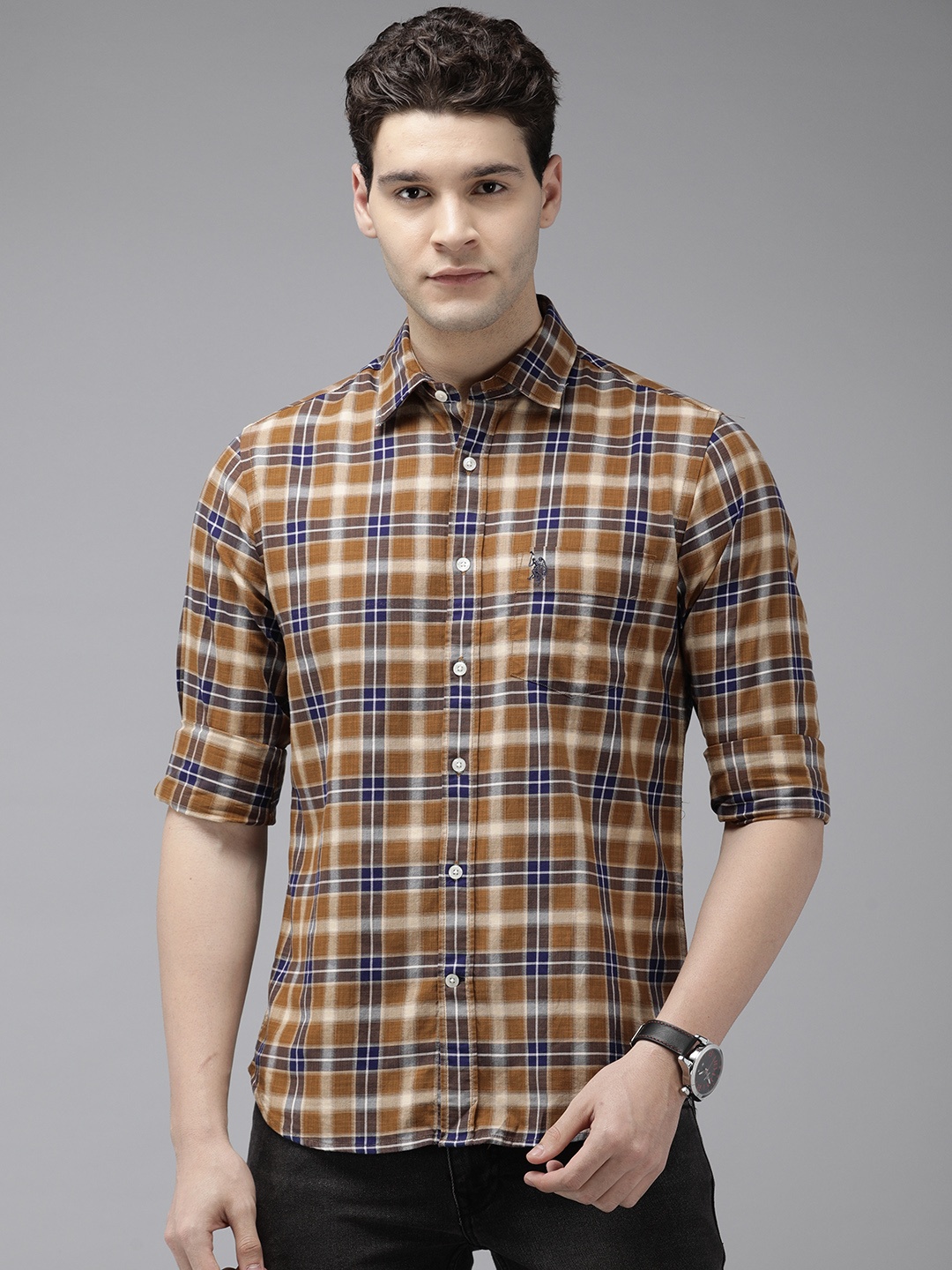 

U.S. Polo Assn. Pure Cotton Tailored Fit Opaque Checked Casual Shirt, Brown