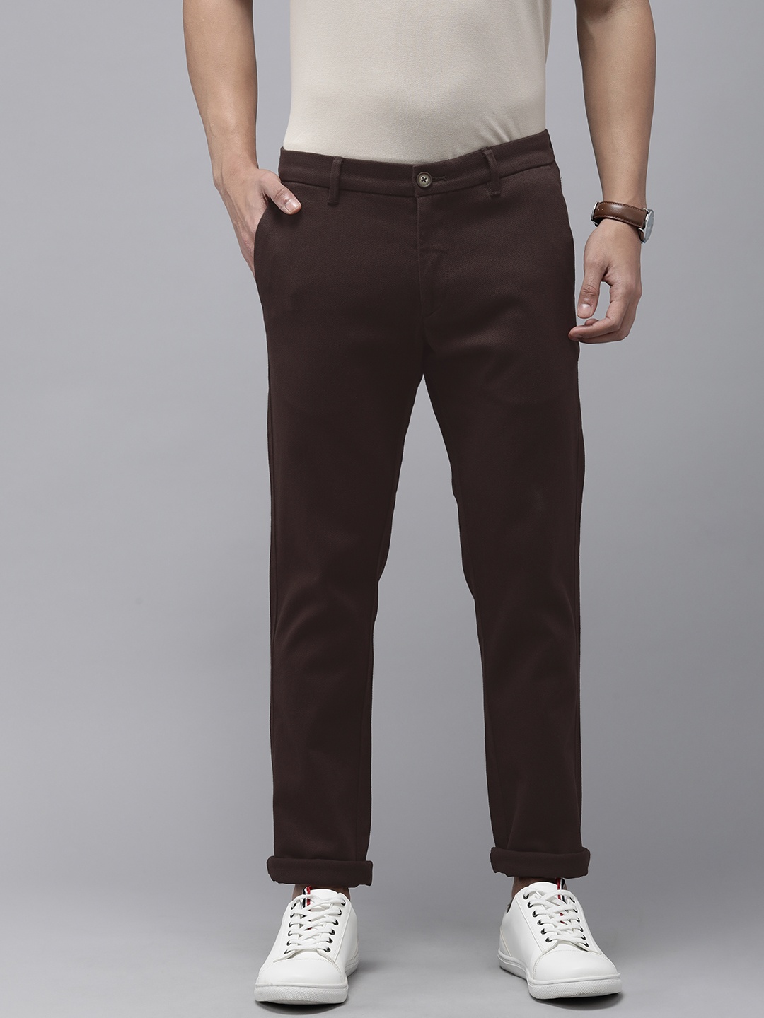 

U.S. Polo Assn. Men Mid-Rise Textured Slim Fit Chinos Trousers, Coffee brown