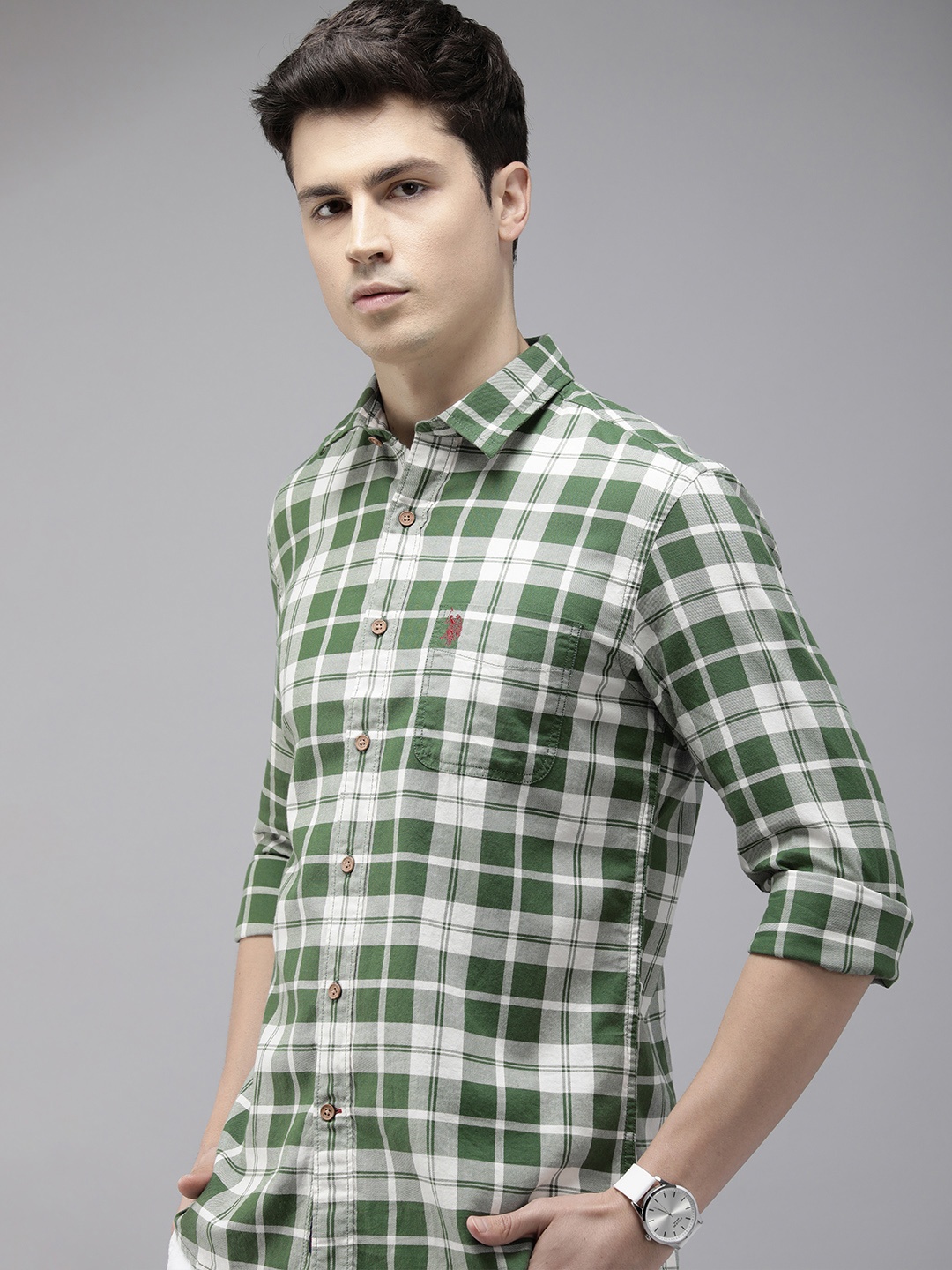 

U.S. Polo Assn. Denim Co. Slim Fit Checked Pure Cotton Casual Shirt, Olive