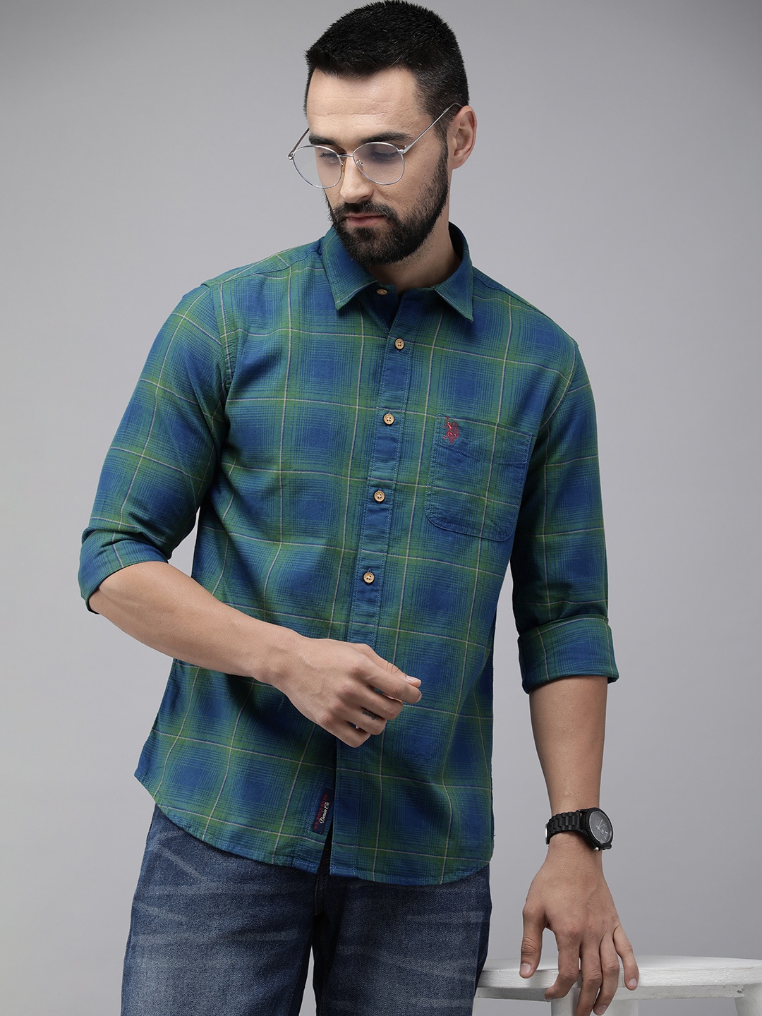 

U.S. Polo Assn. Denim Co. Slim Fit Checked Pure Cotton Casual Shirt, Green