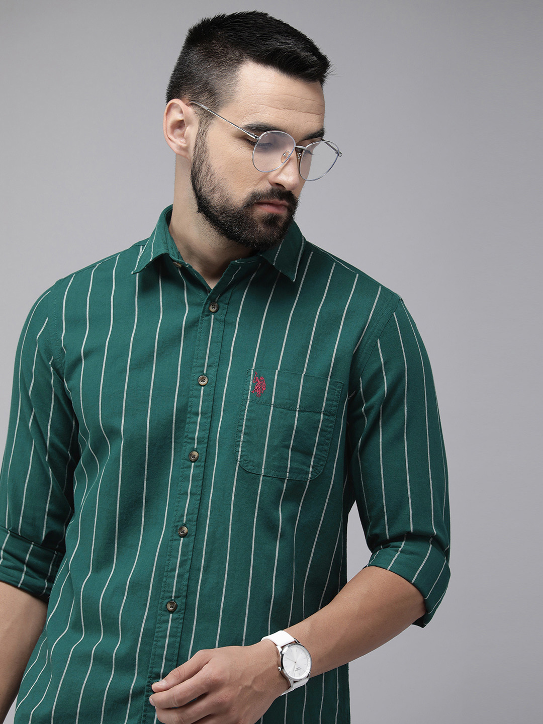 

U.S. Polo Assn. Denim Co. Slim Fit Striped Pure Cotton Casual Shirt, Green