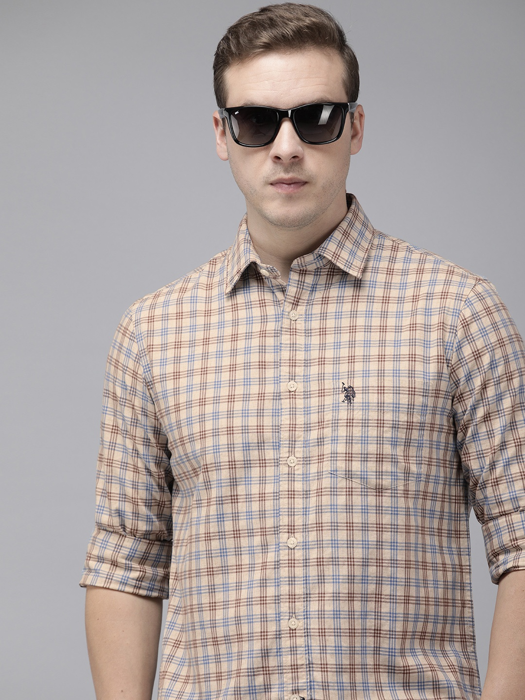 

U.S. Polo Assn. Men Pure Cotton Tailored Fit Tartan Checks Casual Shirt, Beige