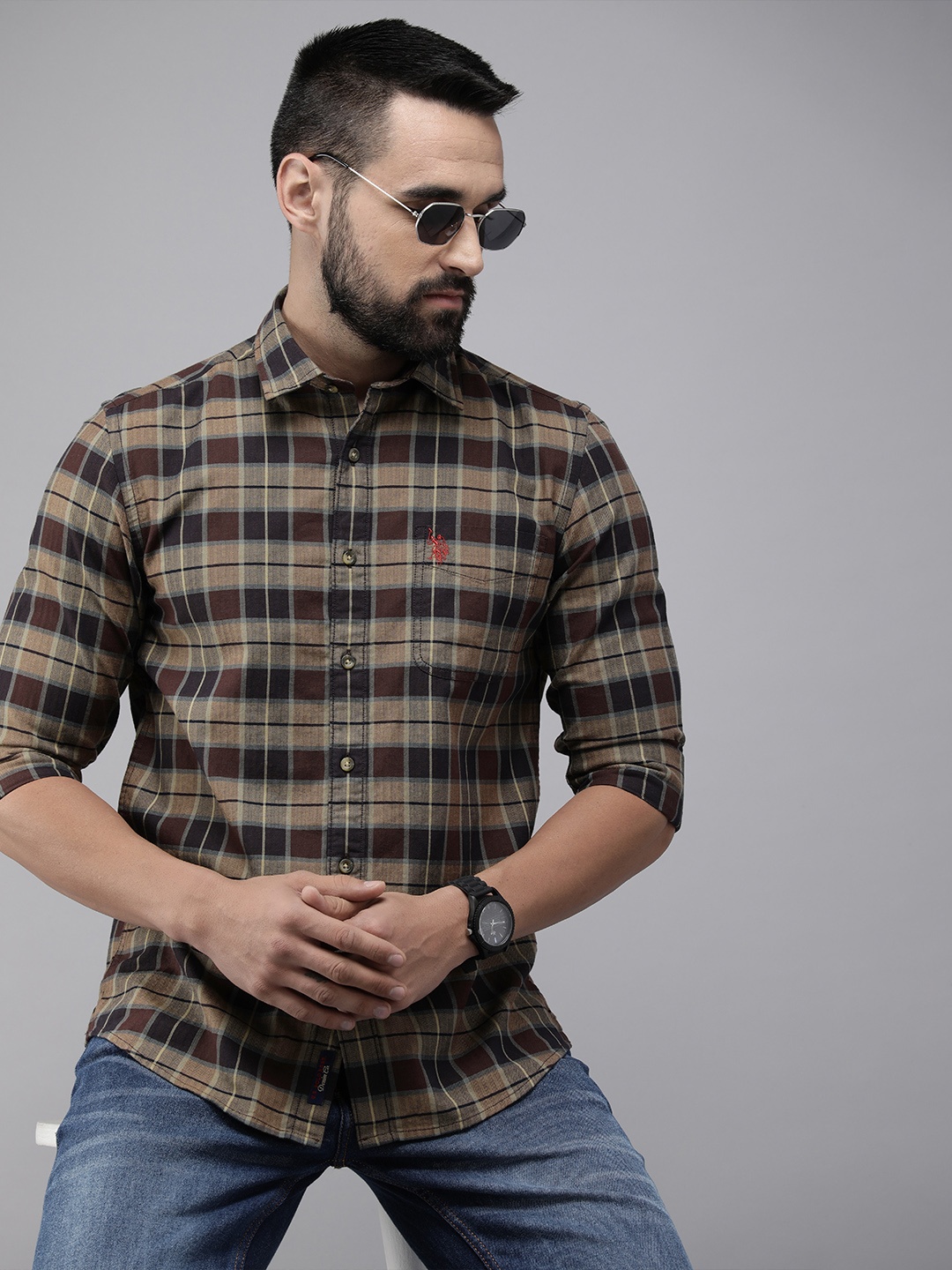 

U.S. Polo Assn. Denim Co. Slim Fit Checked Pure Cotton Casual Shirt, Brown