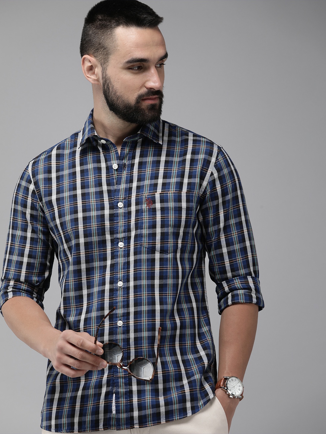 

U.S. Polo Assn. Pure Cotton Tailored Fit Checked Casual Shirt, Navy blue