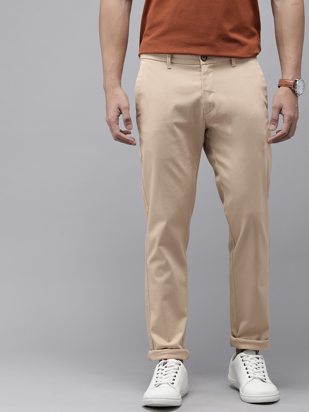 

U.S. Polo Assn. Men Mid-Rise Textured Slim Fit Chinos Trousers, Beige