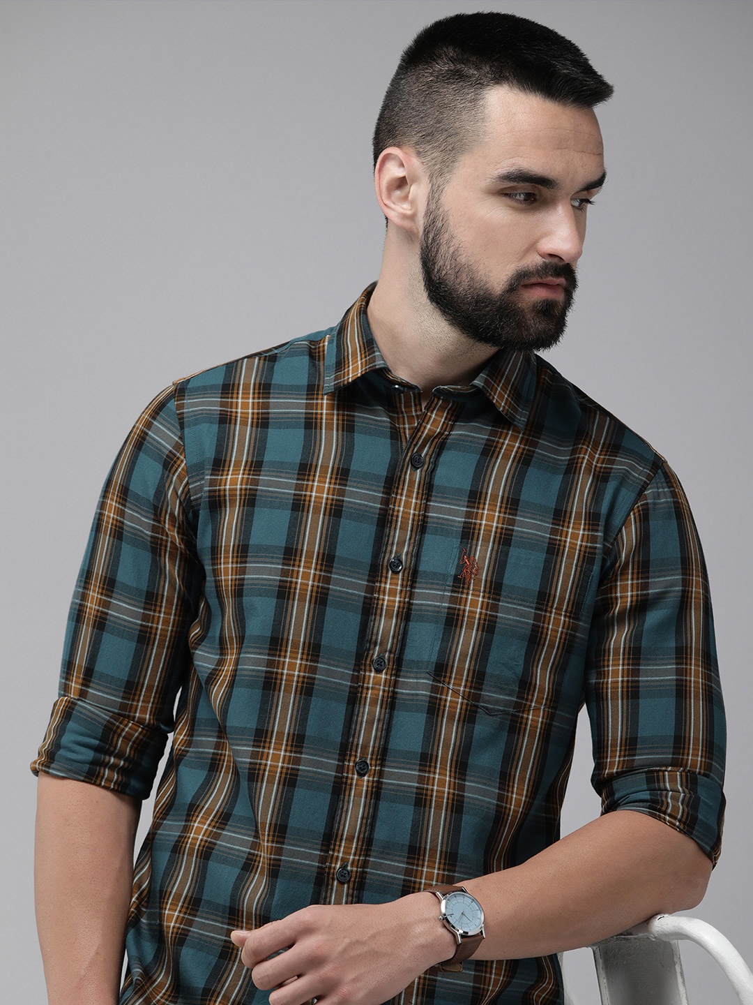 

U.S. Polo Assn. Pure Cotton Tailored Fit Checked Casual Shirt, Teal