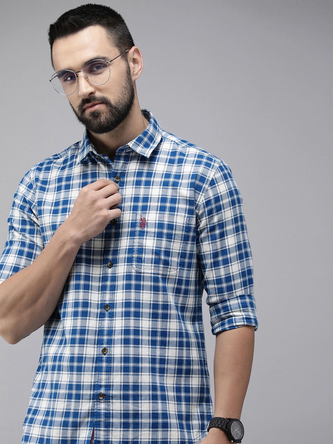 

U.S. Polo Assn. Denim Co. Slim Fit Checked Pure Cotton Casual Shirt, Blue