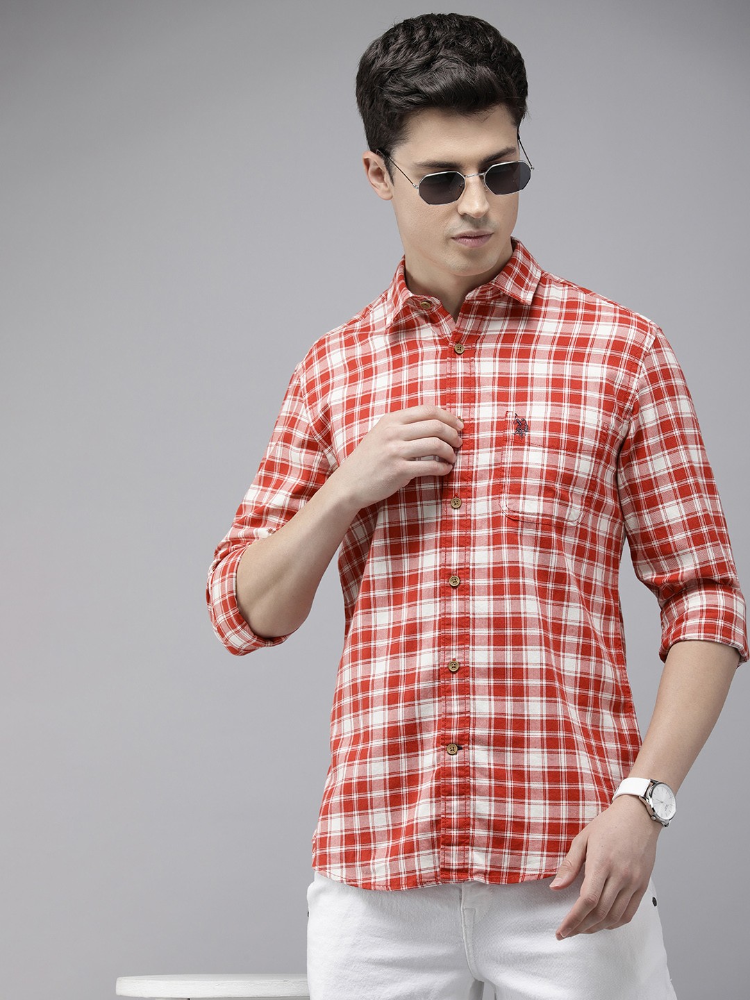 

U.S. Polo Assn. Denim Co. Slim Fit Checked Pure Cotton Casual Shirt, Red
