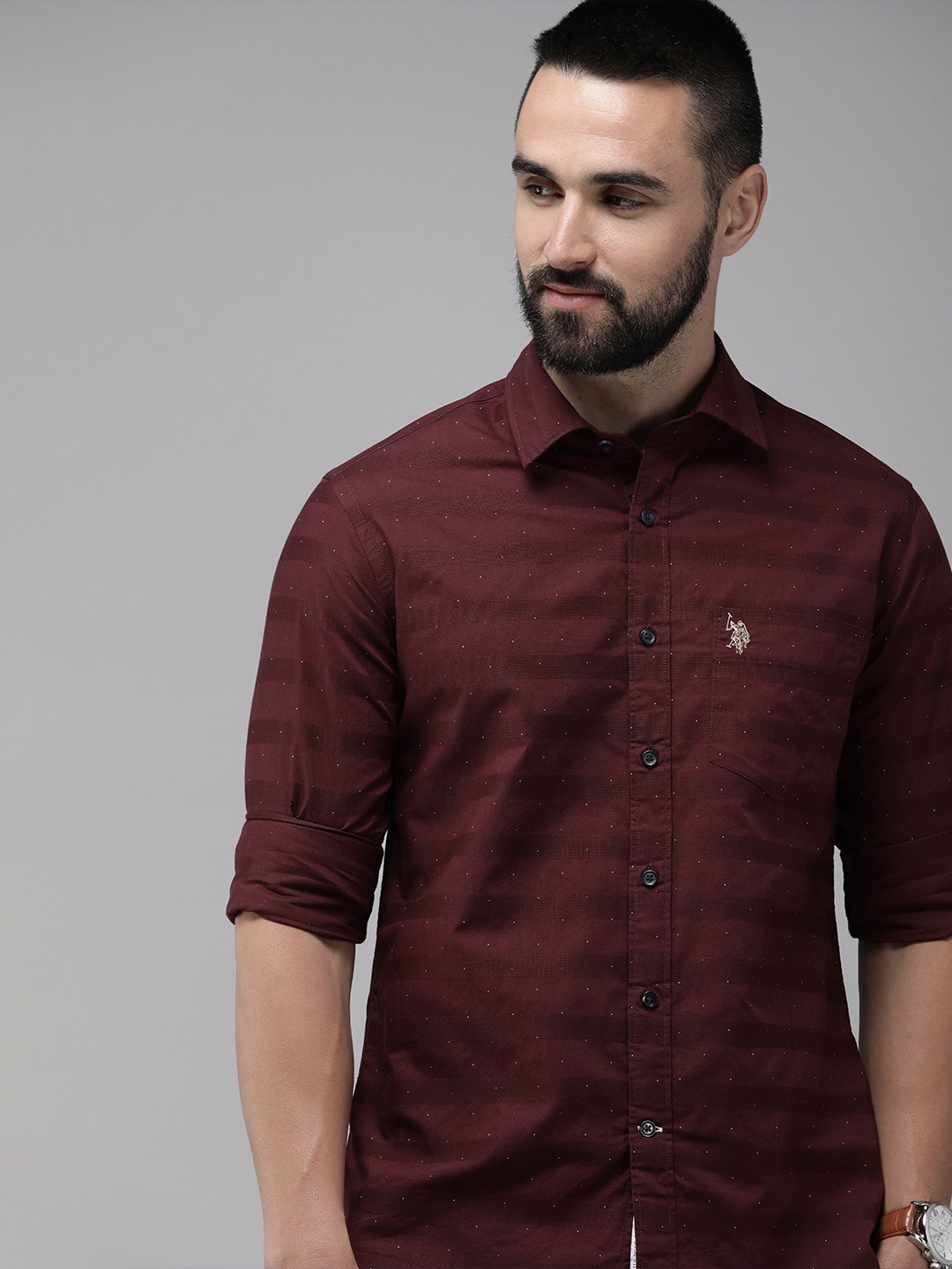 

U.S. Polo Assn. Pure Cotton Tailored Fit Self Design Striped Casual Shirt, Maroon