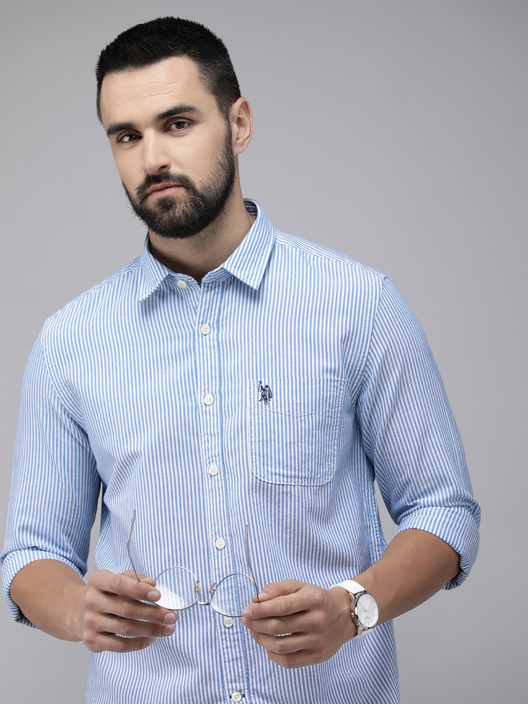 

U.S. Polo Assn. Denim Co. Slim Fit Striped Pure Cotton Casual Shirt, Blue