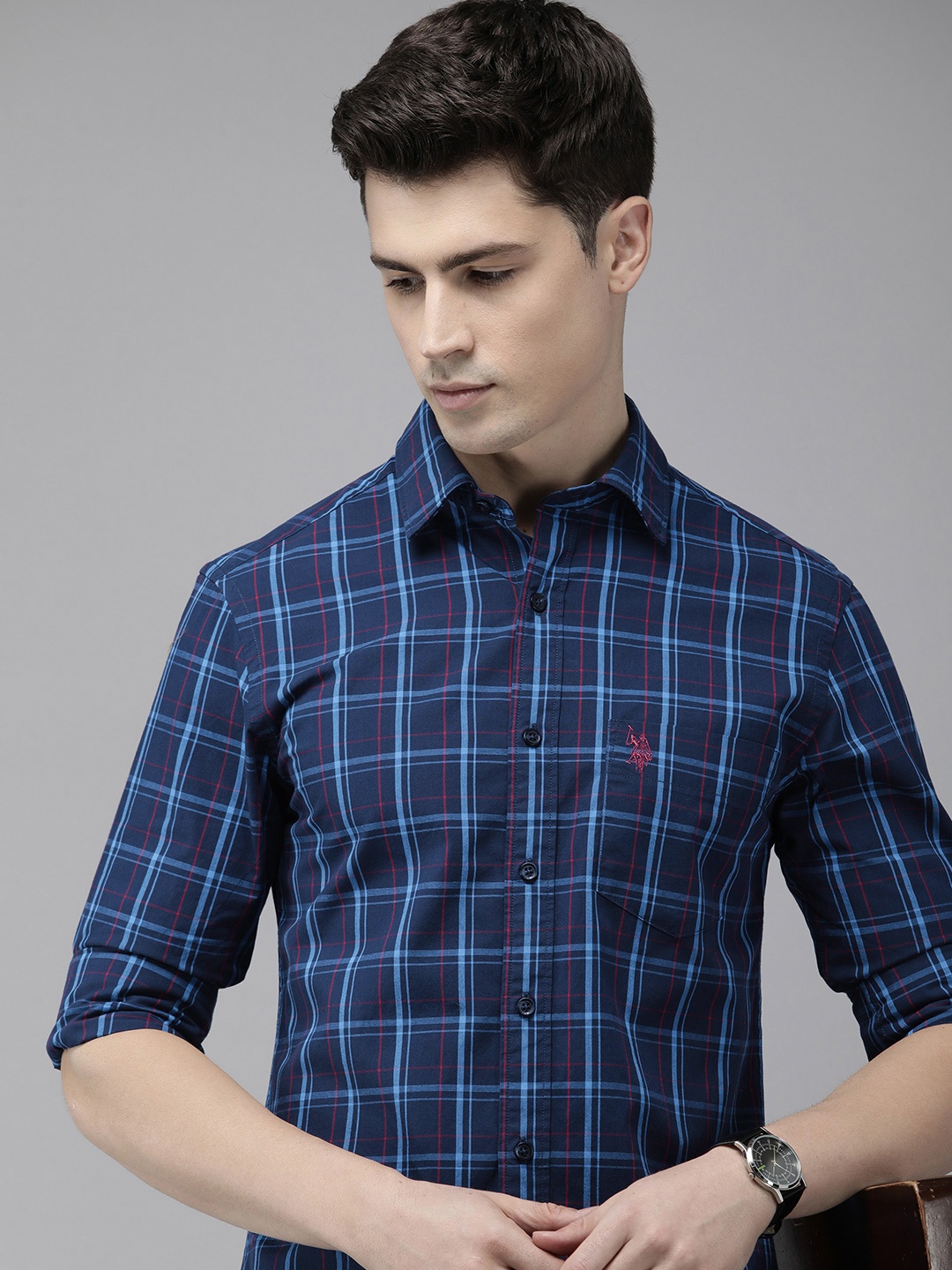 

U.S. Polo Assn. Tailored Fit Checked Pure Cotton Casual Shirt, Navy blue