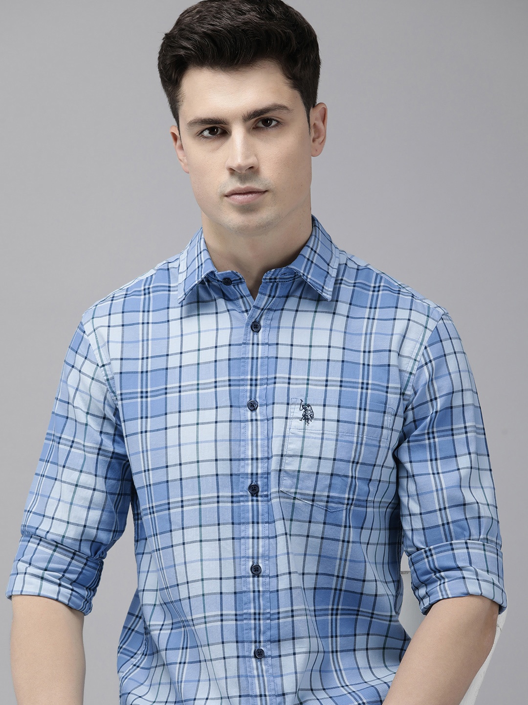 

U.S. Polo Assn. Tailored Fit Checked Pure Cotton Casual Shirt, Blue