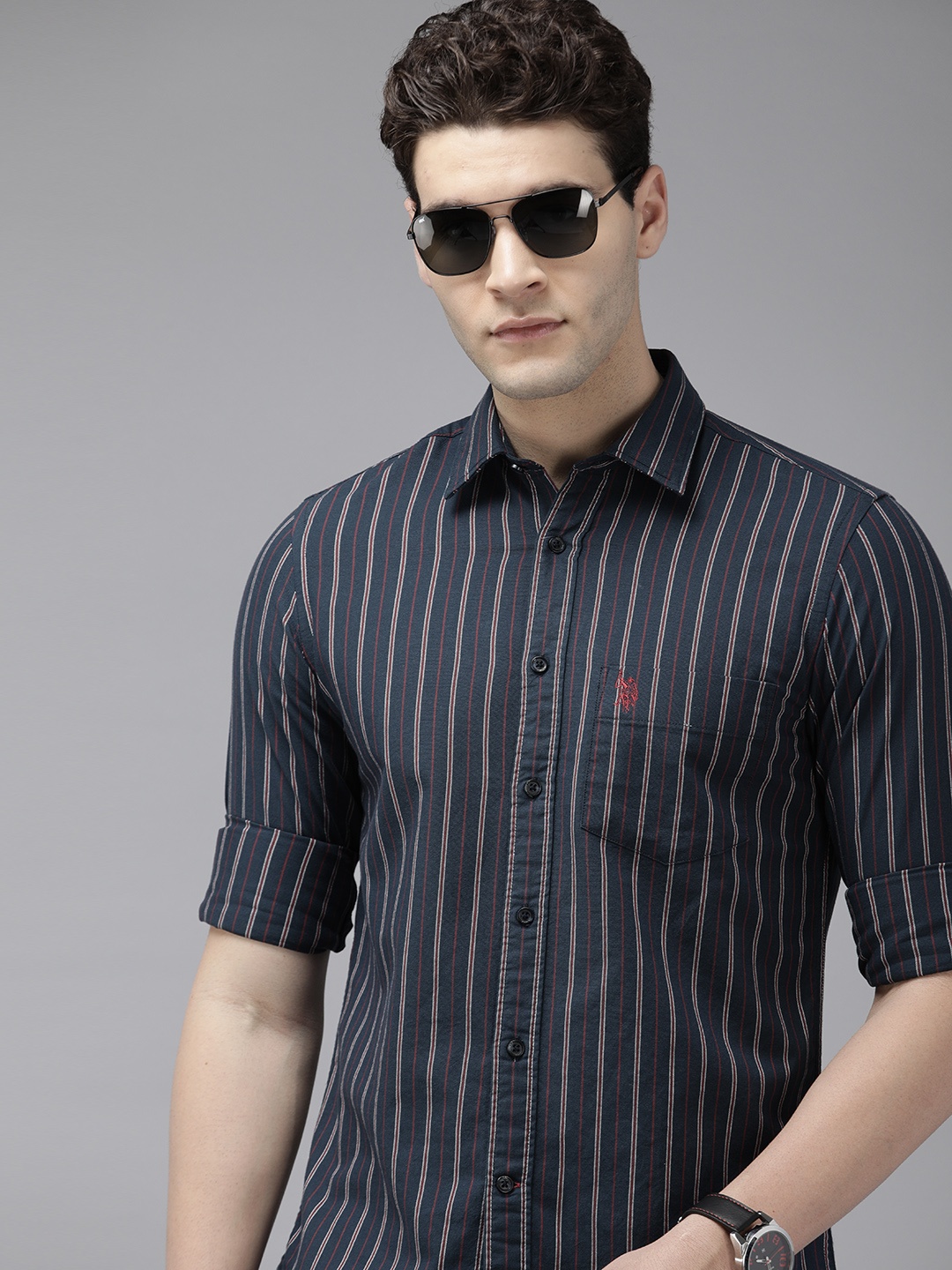 

U.S. Polo Assn. Men Pure Cotton Tailored Fit Striped Casual Shirt, Navy blue