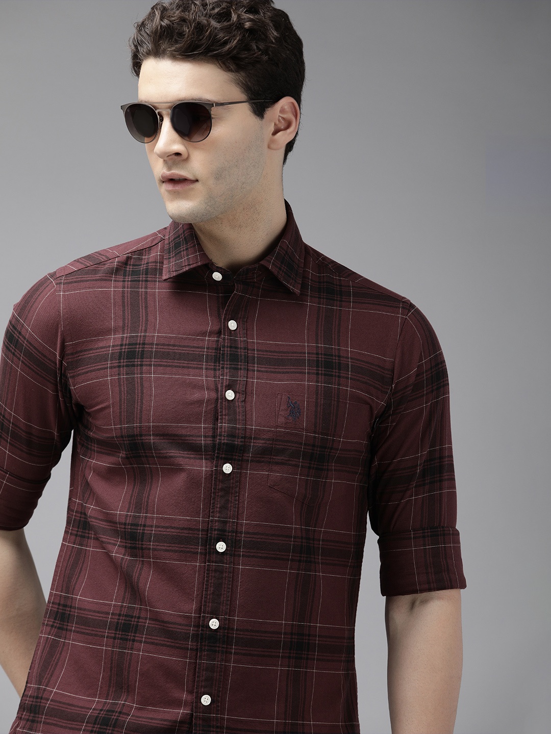 

U.S. Polo Assn. Pure Cotton Tailored Fit Tartan Checks Opaque Casual Shirt, Burgundy
