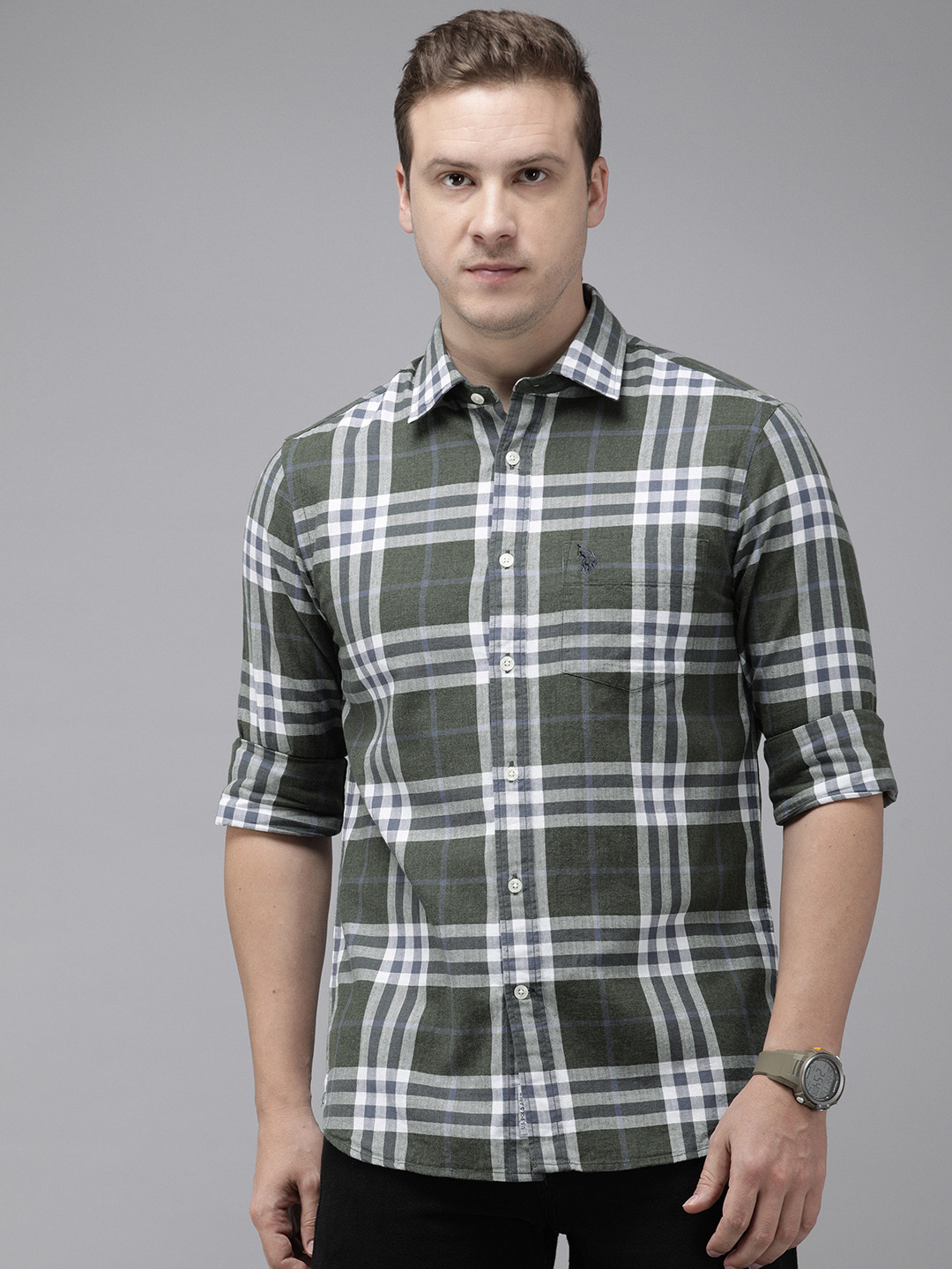 

U.S. Polo Assn. Men Pure Cotton Tailored Fit Tartan Checks Casual Shirt, Olive