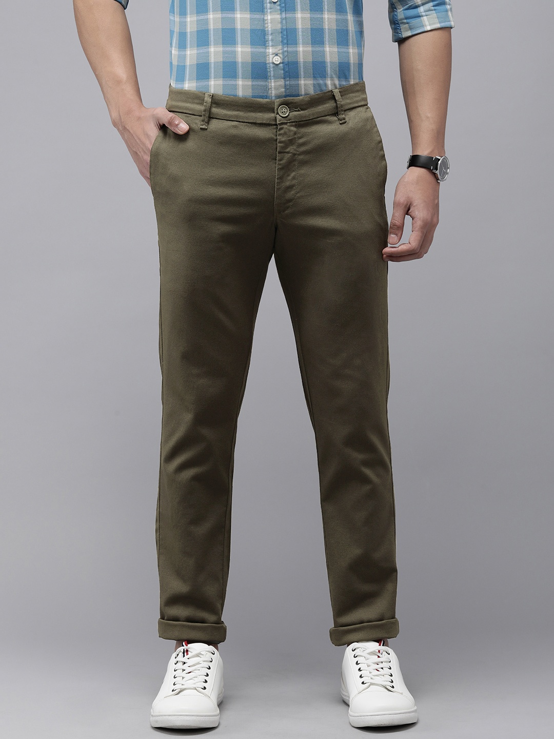 

U.S. Polo Assn. Men Textured Denver Slim Fit Chinos Trousers, Olive