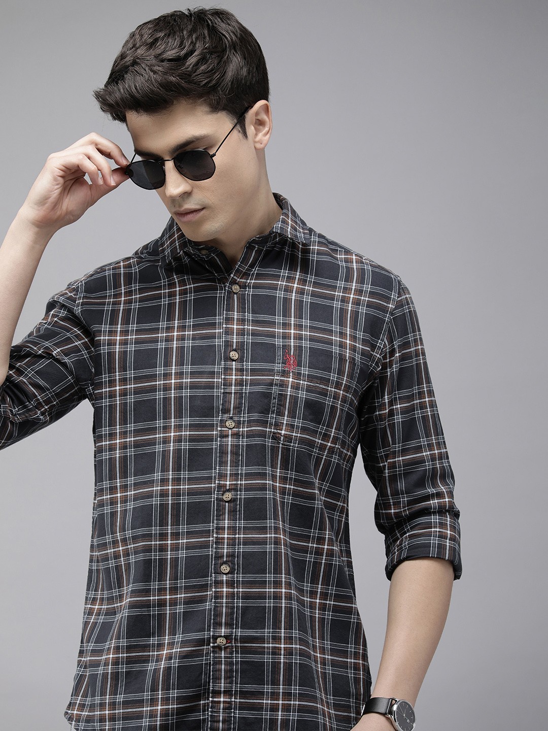 

U.S. Polo Assn. Denim Co. Slim Fit Checked Pure Cotton Casual Shirt, Charcoal