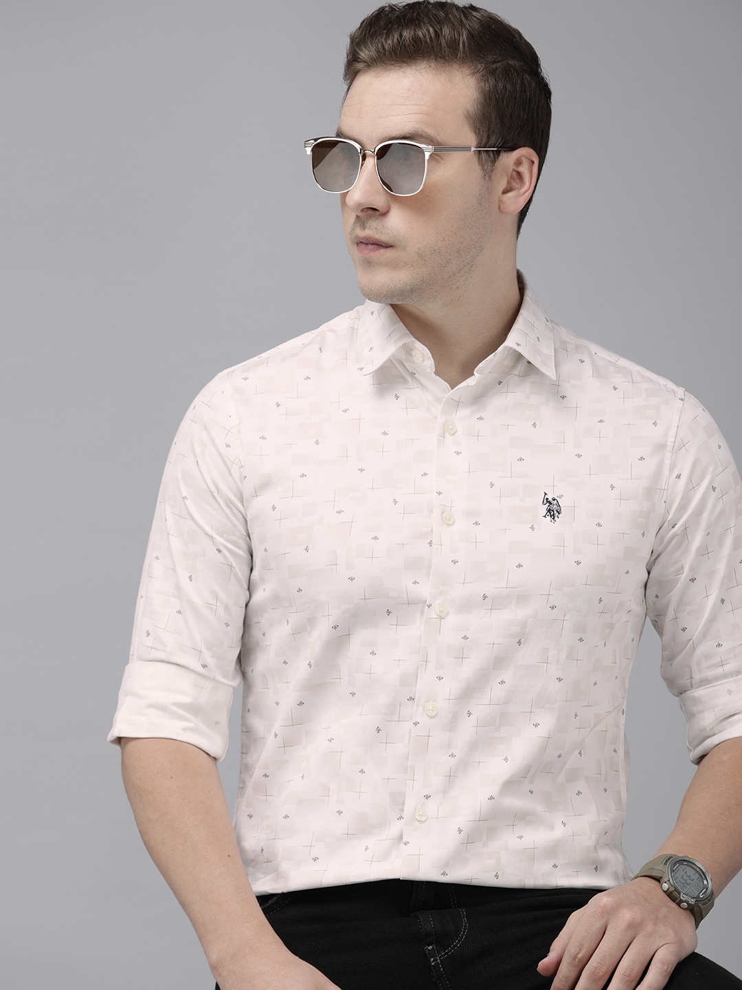 

U.S. Polo Assn. Pure Cotton Tailored Fit Geometric Printed Casual Shirt, Beige