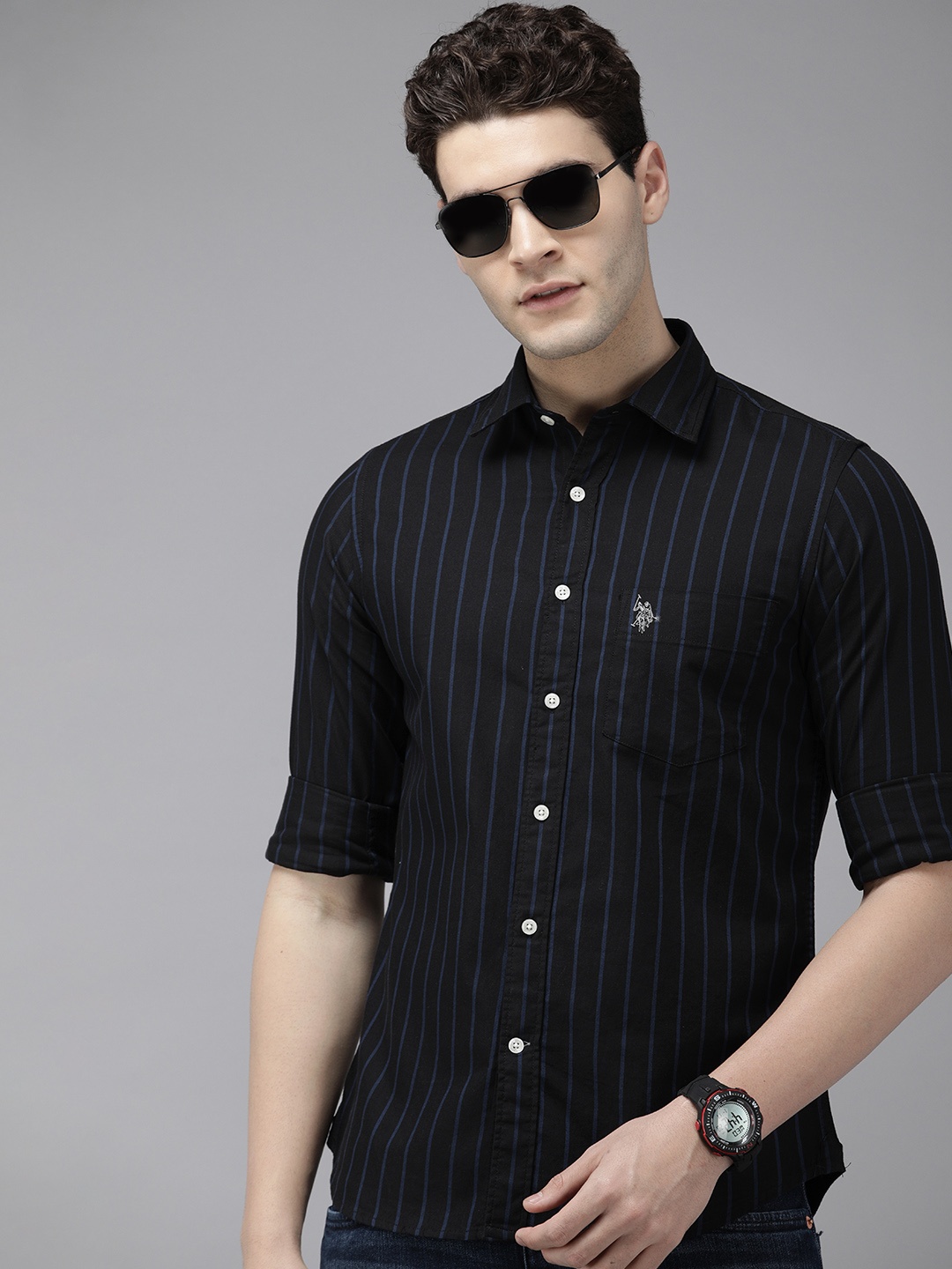 

U.S. Polo Assn. Pure Cotton Tailored Fit Opaque Striped Casual Shirt, Black