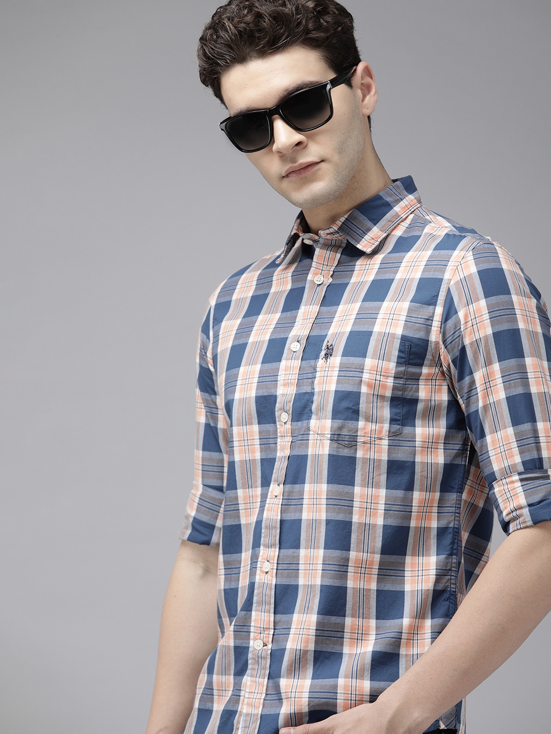 

U.S. Polo Assn. Men Pure Cotton Tailored Fit Tartan Checks Casual Shirt, Navy blue