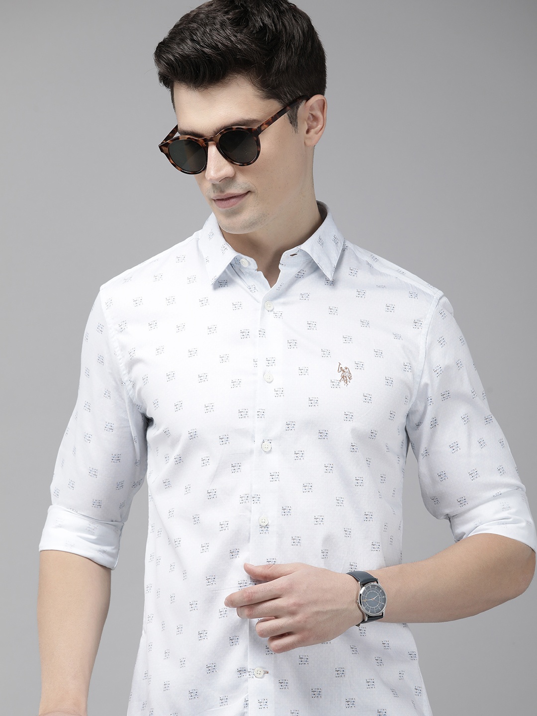 

U.S. Polo Assn. Pure Cotton Tailored Fit Geometric Printed Casual Shirt, Blue