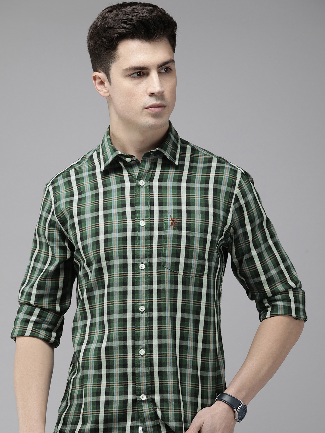 

U.S. Polo Assn. Tailored Fit Checked Pure Cotton Casual Shirt, Green