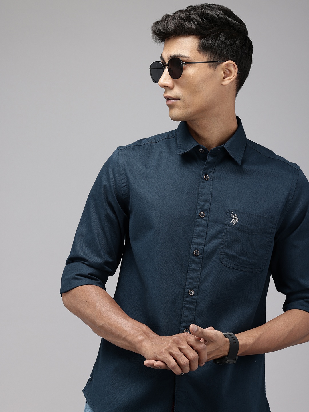

U.S. Polo Assn. Denim Co. Pure Cotton Slim Fit Opaque Casual Shirt, Navy blue