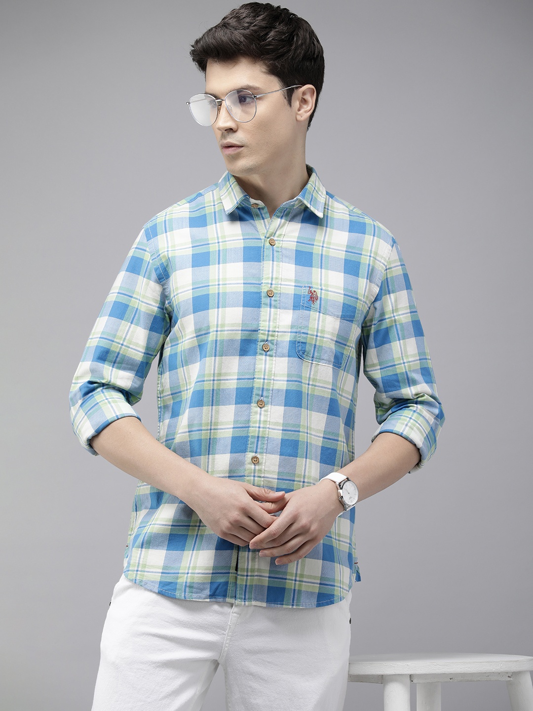 

U.S. Polo Assn. Denim Co. Slim Fit Checked Pure Cotton Casual Shirt, Blue