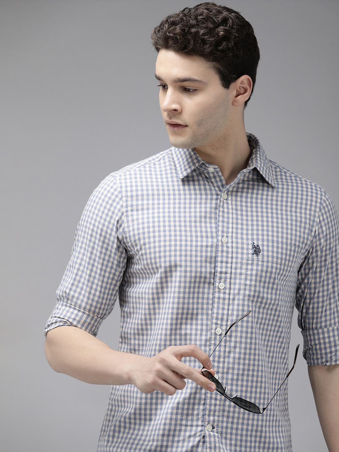 

U.S. Polo Assn. Pure Cotton Tailored Fit Gingham Checks Opaque Casual Shirt, Blue