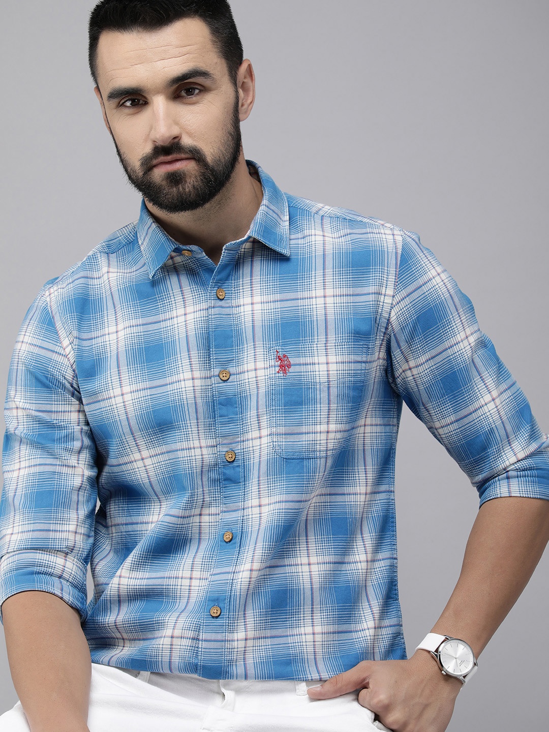 

U.S. Polo Assn. Denim Co. Slim Fit Checked Pure Cotton Casual Shirt, Blue