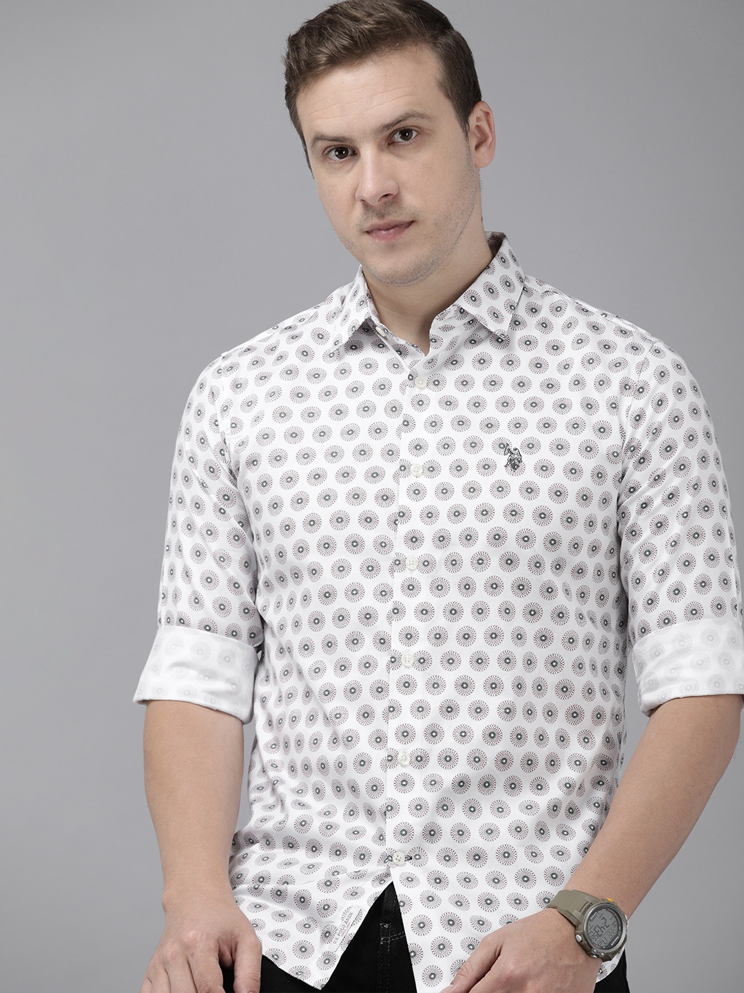 

U.S. Polo Assn. Men Pure Cotton Tailored Fit Printed Casual Shirt, White