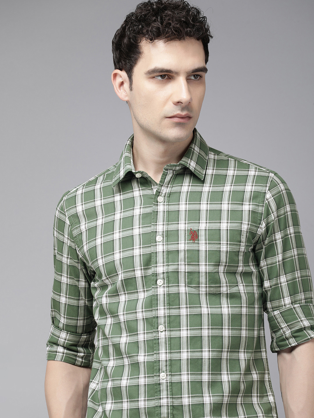 

U.S. Polo Assn. Tailored Fit Checked Pure Cotton Casual Shirt, Green