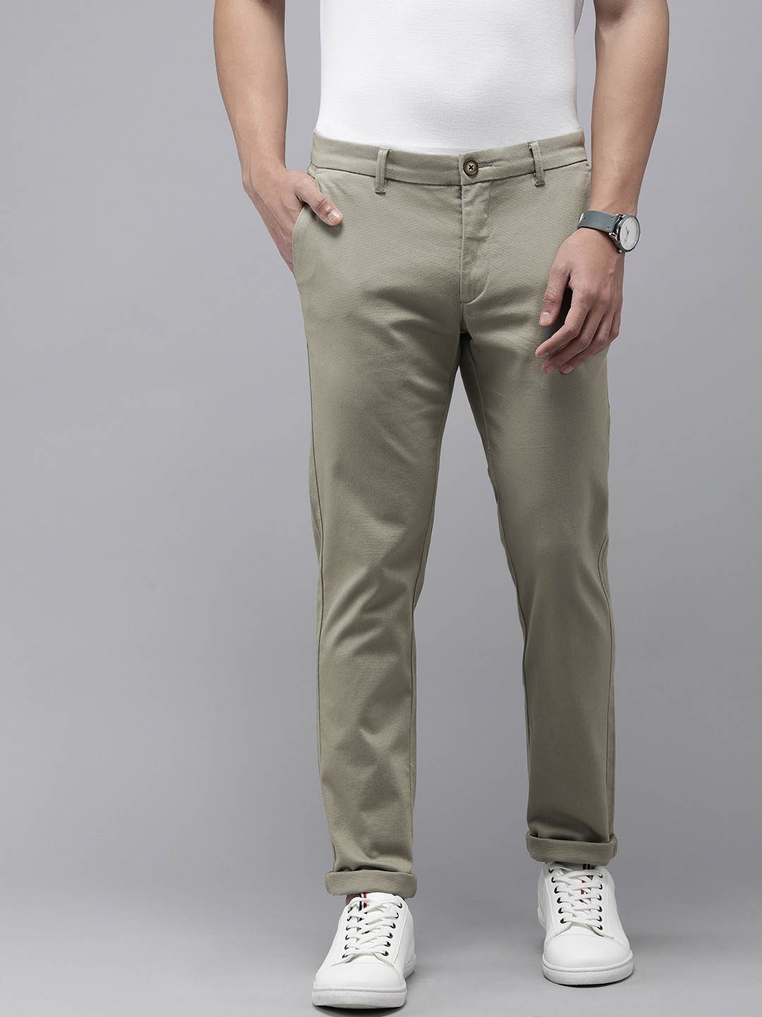 

U.S. Polo Assn. Men Mid-Rise Textured Slim Fit Chinos Trousers, Green