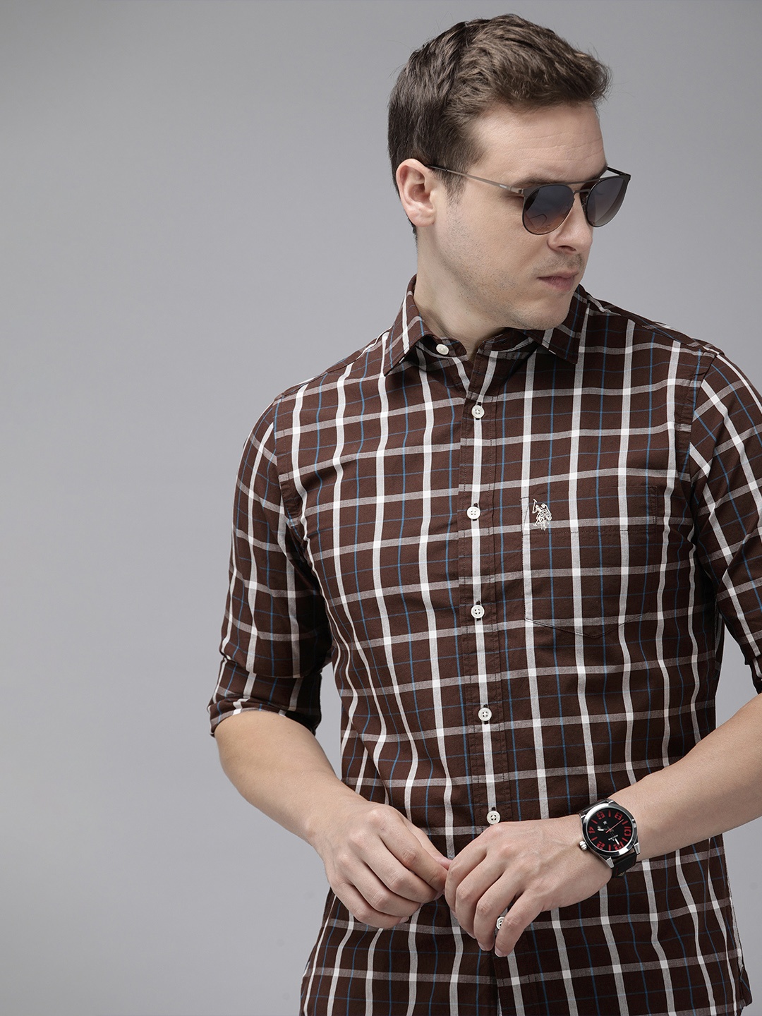 

U.S. Polo Assn. Pure Cotton Tailored Fit Opaque Checked Casual Shirt, Coffee brown