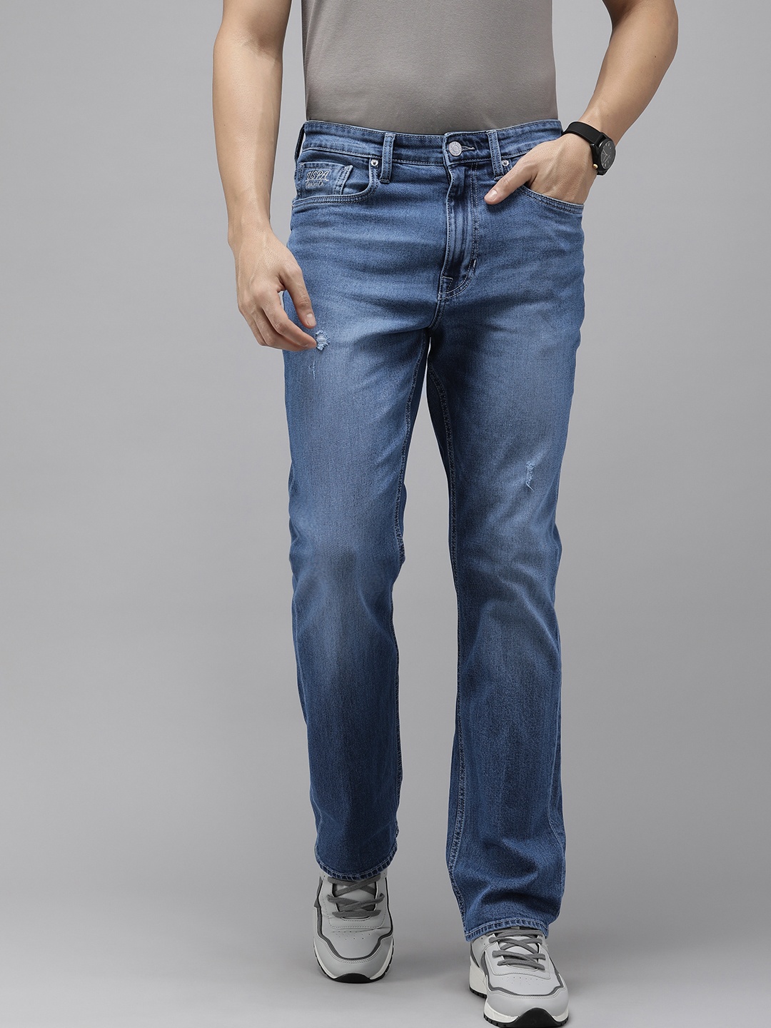 

U.S. Polo Assn. Denim Co. Men Bootcut Low Distress Heavy Fade Stretchable Jeans, Blue
