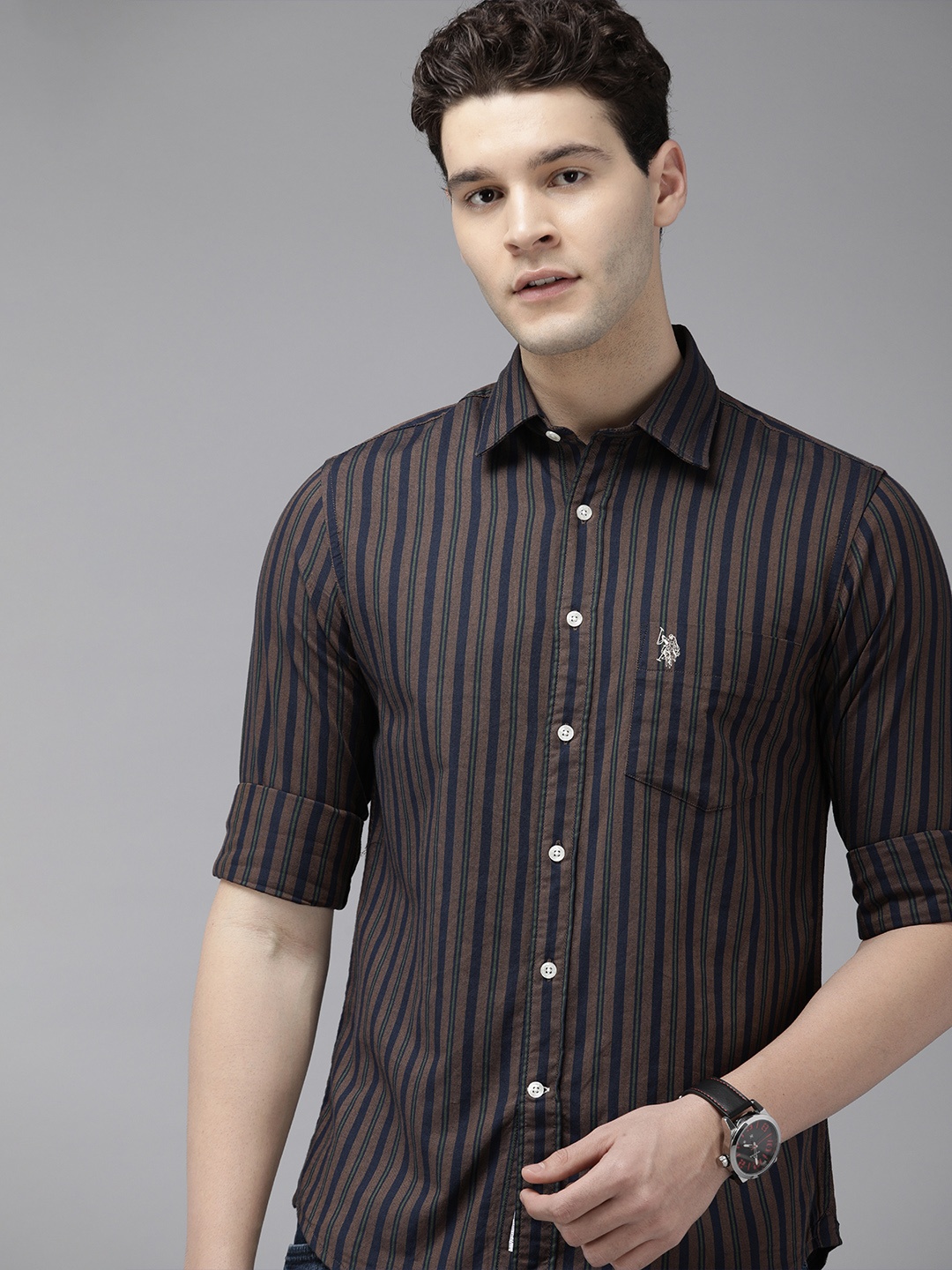 

U.S. Polo Assn. Men Pure Cotton Tailored Fit Striped Casual Shirt, Brown