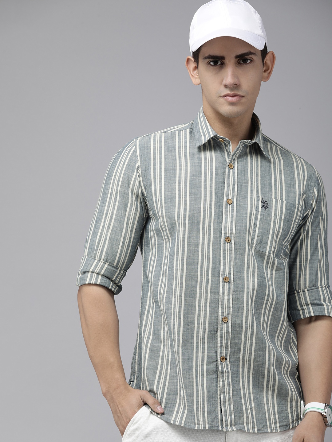 

U.S. Polo Assn. Denim Co. Pure Cotton Slim Fit Striped Casual Shirt, Blue