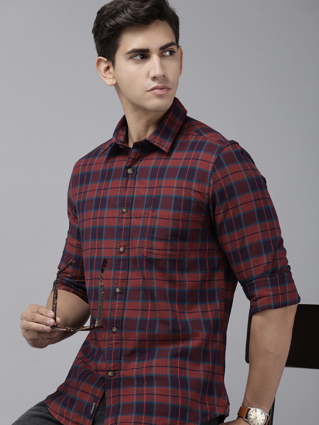 

U.S. Polo Assn. Denim Co. Pure Cotton Slim Fit Checked Casual Shirt, Maroon