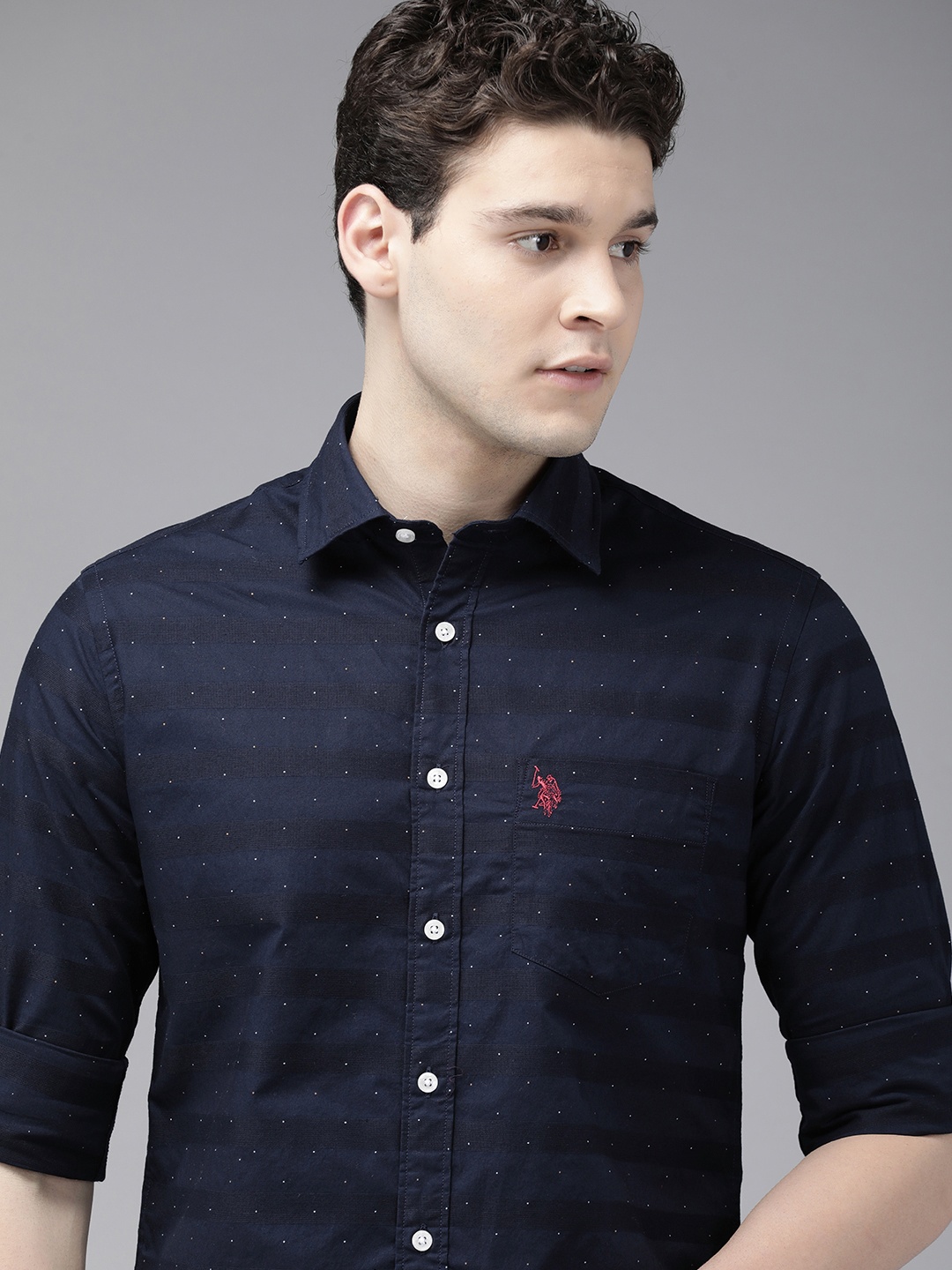 

U.S. Polo Assn. Tailored Fit Printed Pure Cotton Casual Shirt, Navy blue