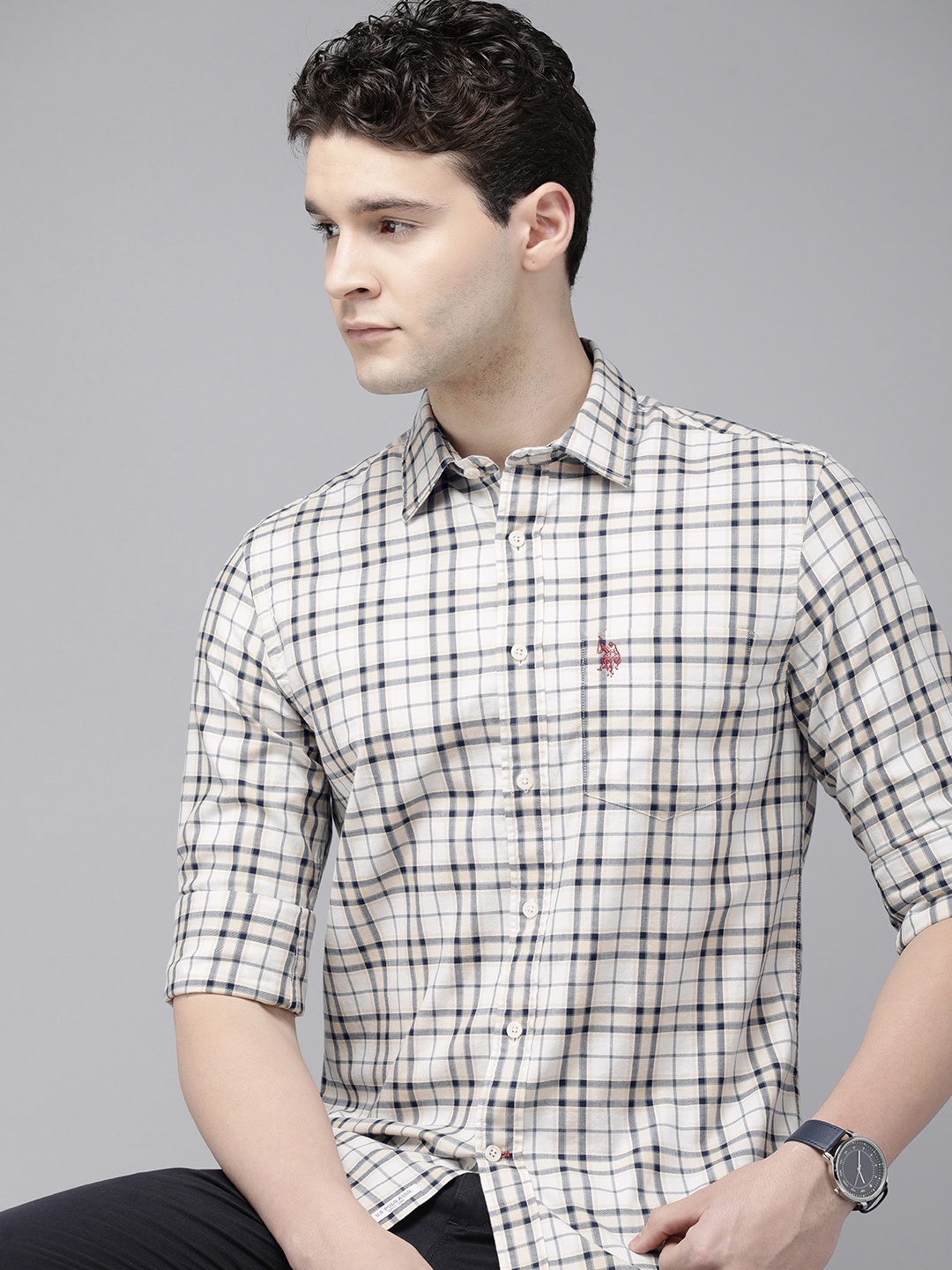 

U.S. Polo Assn. Men Tailored Fit Tartan Checks Pure Cotton Casual Shirt, Cream