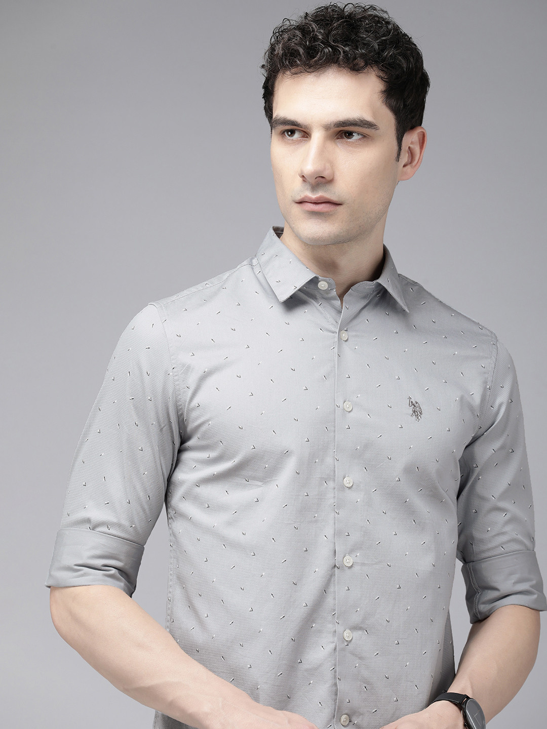 

U.S. Polo Assn. Tailored Fit Geometric Printed Pure Cotton Casual Shirt, Grey