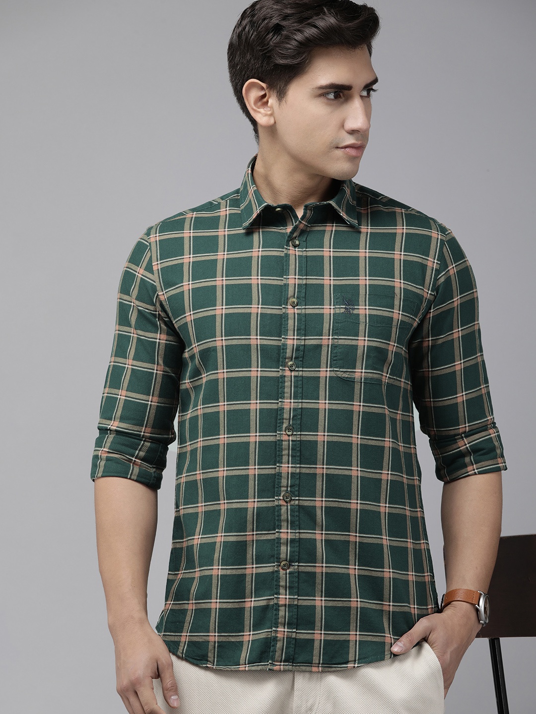 

U.S. Polo Assn. Denim Co. Slim Fit Checked Pure Cotton Casual Shirt, Green