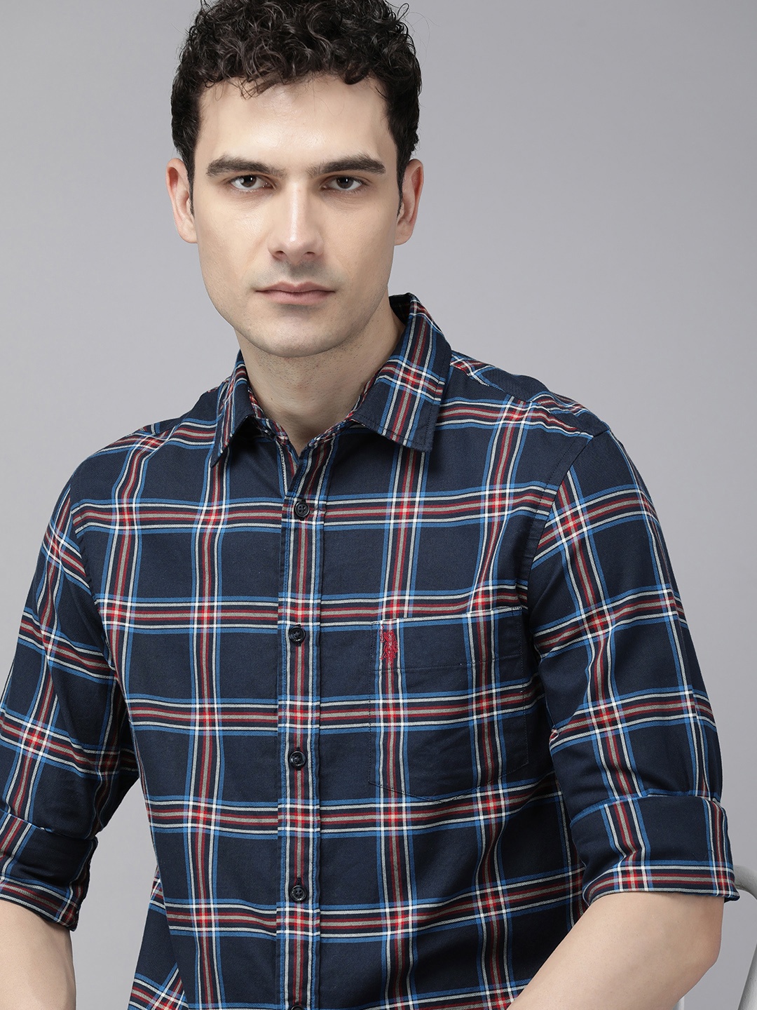 

U.S. Polo Assn. Men Tailored Fit Tartan Checks Pure Cotton Casual Shirt, Blue