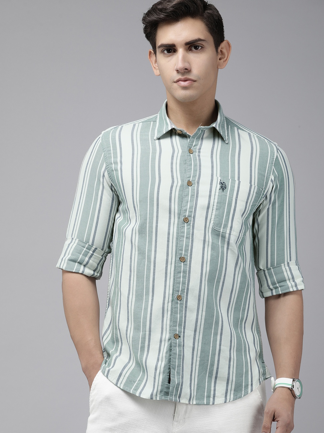 

U.S. Polo Assn. Denim Co. Slim Fit Striped Pure Cotton Casual Shirt, Green